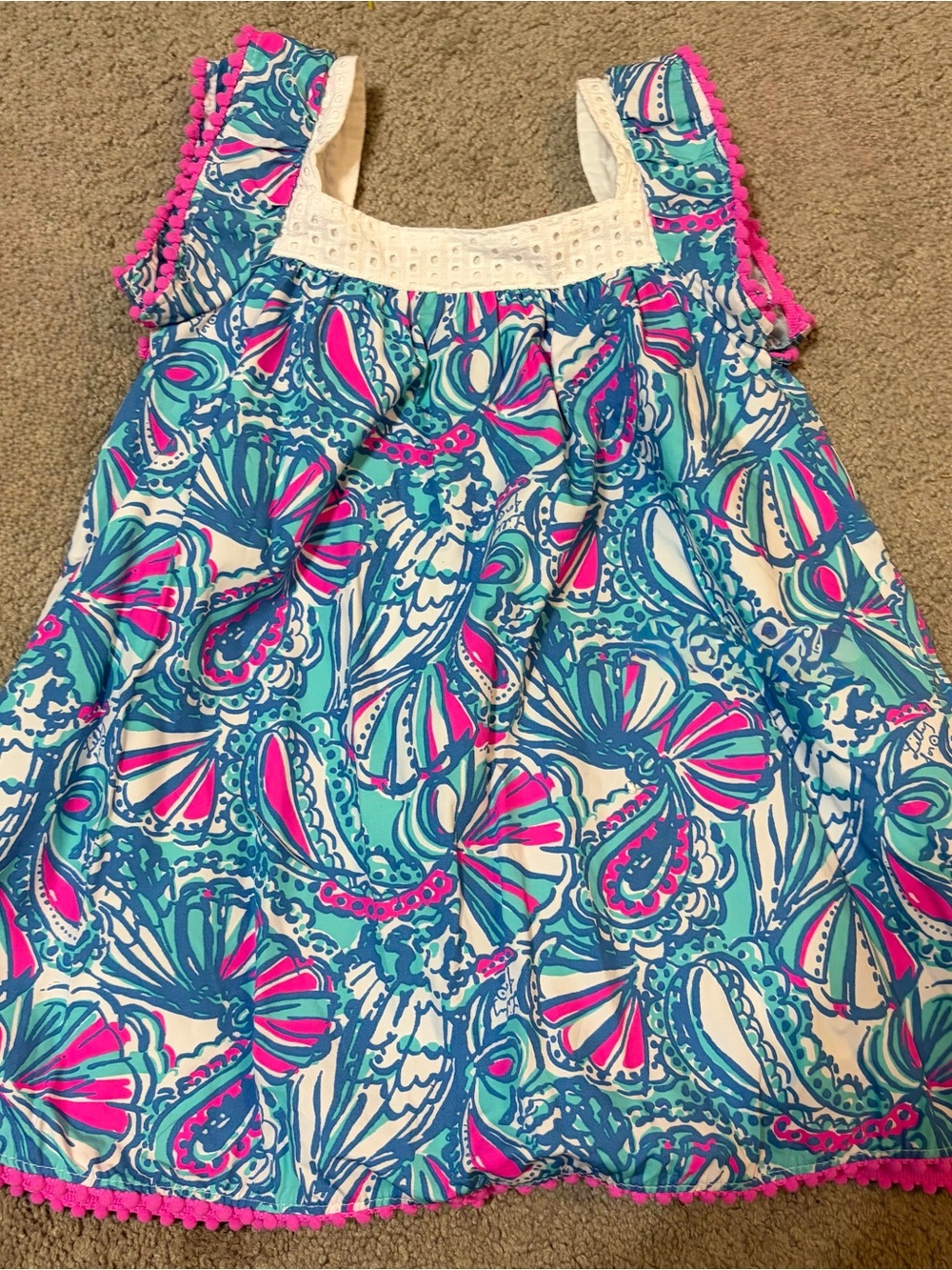 Kids 2T Lilly Pulitzer Blue, Teal & Pink Floral Dress with pink pom pom trim